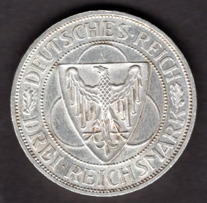 3 Marka 1930 A Svobodné Porýní,  Výmarská rep.	J#345 Ag.500, 25g, 30mm  mincovna Berlín