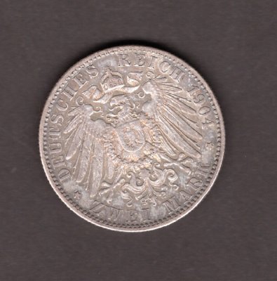 2 Marka 1904 F Wilhelm II. Von Wuertteemberg, J#174 Ag.900, 11,11g, 28/2,5mm  mincovna Stuttgart