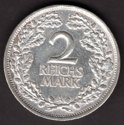 2 Marka 1925 A Výmarská republika, J#320 Ag.500, 10g, 26/2,3mm  mincovna Berlín