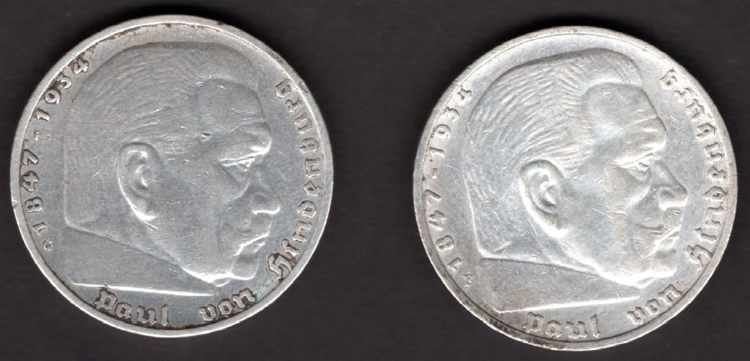 Lot 2 mincí 5 Marka 1935 mincovny F,G Karl von Hindenburg	J#360 Ag.900, 13,889, 29/2,5mm mincovny Stuttgart, Karlsruhe