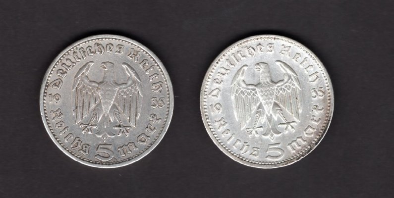 Lot 2 mincí 5 Marka 1935 mincovny F,G Karl von Hindenburg	J#360 Ag.900, 13,889, 29/2,5mm mincovny Stuttgart, Karlsruhe