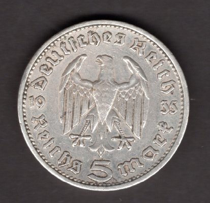 Lot 2 mincí 5 Marka 1935 mincovny F,G Karl von Hindenburg	J#360 Ag.900, 13,889, 29/2,5mm mincovny Stuttgart, Karlsruhe