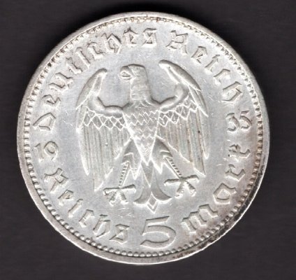 Lot 2 mincí 5 Marka 1935 mincovny F,G Karl von Hindenburg	J#360 Ag.900, 13,889, 29/2,5mm mincovny Stuttgart, Karlsruhe