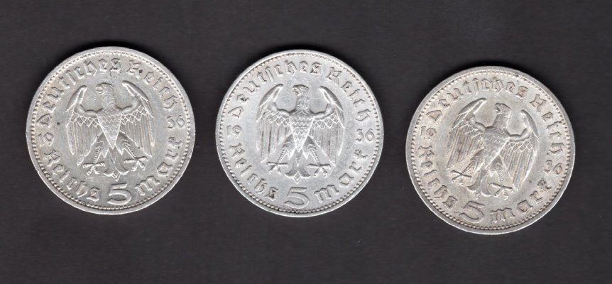Lot 3 mincí 5 Marka 1936 mincovny A,D,F Karl von Hindenburg,J#360 Ag.900, 13,889, 29/2,5mm mincovny Berlí, Mnichov,Karlsruhe