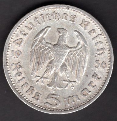 Lot 3 mincí 5 Marka 1936 mincovny A,D,F Karl von Hindenburg,J#360 Ag.900, 13,889, 29/2,5mm mincovny Berlí, Mnichov,Karlsruhe