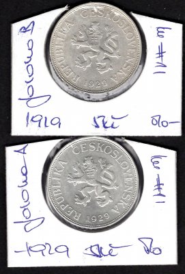 Lot 2 mincí 5 Koruna ČSR 1929 obě varianty vlnovky poloha A i B, KM#11 Ag.700 12g, 34/1,6mm 