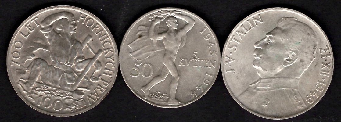 Lot 3 mincí ČSR 50Kč 1948 Povstání, 100 1949 JVStalin a Hornická práva KM#25,KM#30,KM#29 Ag.500, 10,14,14g