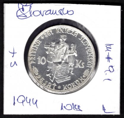 10 koruna 1944 varianta s křížem, KM#9,1 Ag.500 7g, 29mm