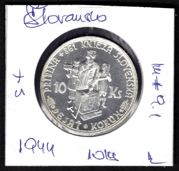 10 koruna 1944 varianta s křížem, KM#9,1 Ag.500 7g, 29mm