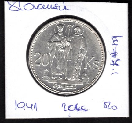 20 koruna 1941 varianta s křížem, KM#7,1 Ag.500 15g, 31mm