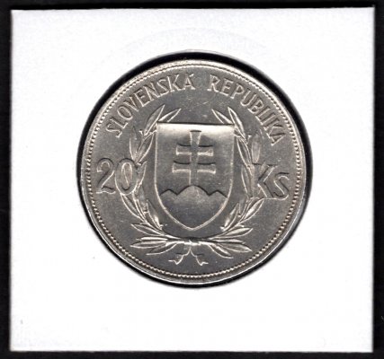 20 koruna 1939 První prezident SR J.Tiso, KM#3 Ag.500 15g, 31mm