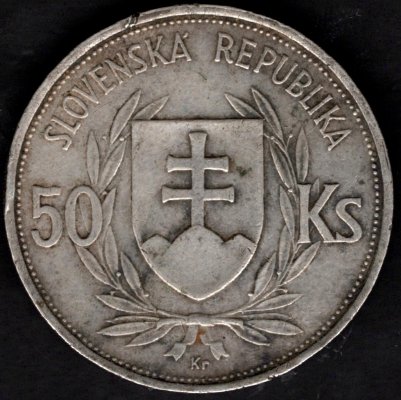 50 koruna 1939 5. výročí Slovenského štátu, KM#10 Ag.700 16,5g, 34mm dr.rysky