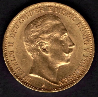 20 Marka 1911 A Prusko Wilhelm II., J#252 Au.900 , 7,965g, 22mm A Berlín 