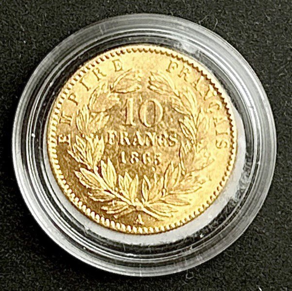 10 Frank 1865 A Francie Napoleon III., KM#800 Au.900 3,2258g 19/0,8mm A Paříž