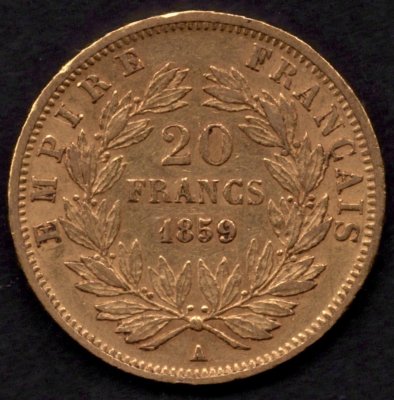 20 Frank 1859 A Francie Napoleon III., KM#781 Au.900 6,45g 21mm dr.rys.hr. A Paříž