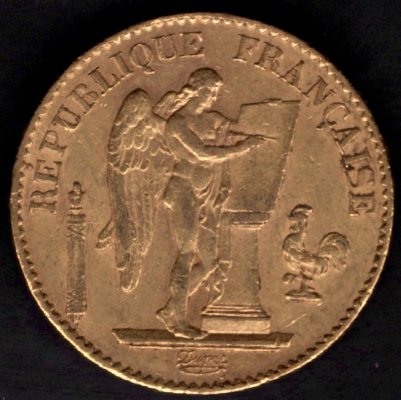 20 Frank 1874 A Francie Republika Anděl štěst, KM#825 Au.900 6,45g 21mm dr.rys.hr. A Paříž