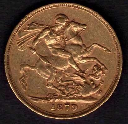 Sovereign 1879 M V.Británie Královna Victorie, KM#7 Au.917 7,988g 22,05/1,52mm mincovna M Melbourne, mladá královna na portrétu