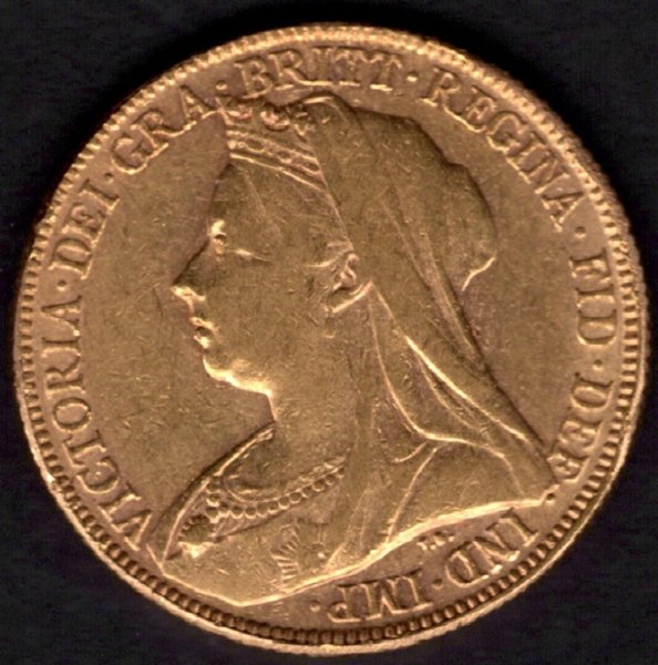 Sovereign 1898 V.Británie Královna Victorie, KM#13 Au.917 7,988g 22,05/1,52mm  královna se smutečním závojem