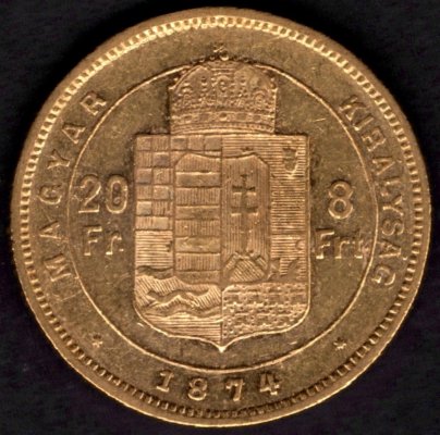 8 zlatník 1874 R-U K.B. František Josef I., KM#455, ÉH#1453 Au.900 6,45g, 21/1,2mm mincovna Kremnica dr.rys,hr.