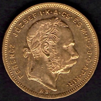 8 zlatník 1874 R-U K.B. František Josef I., KM#455, ÉH#1453 Au.900 6,45g, 21/1,2mm mincovna Kremnica dr.rys,hr.