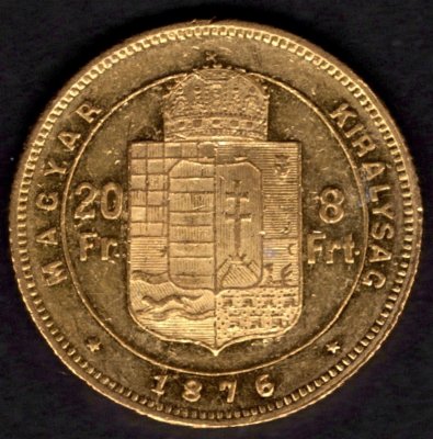 8 zlatník 1876 R-U K.B. František Josef I., KM#455, ÉH#1453 Au.900 6,45g, 21/1,2mm mincovna Kremnica UNC detail