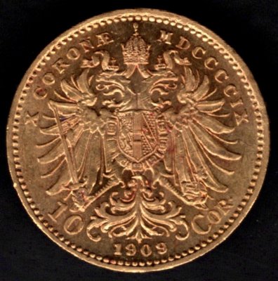 10 Koruna 1909  R-U František Josef I. Typ Schwartz, KM#2816 Au.900 3,3875g, 19mm bez mincovny velká  hlava, mírná patina