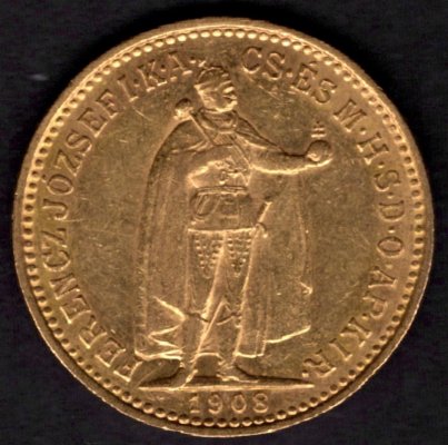 10 Koruna 1908 K.B.  R-U František Josef I. , KM#485, ÉH1491 Au.900 3,3875g, 19mm mincovna Kremnica 