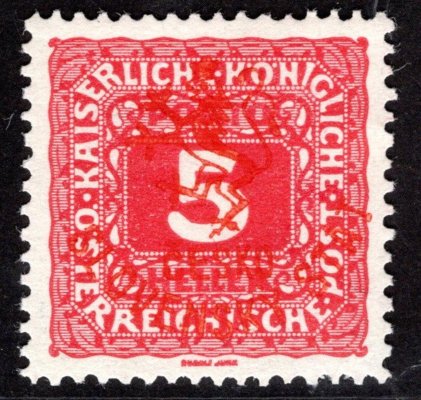 RV 77, Marešův přetisk (Hlubocké vydání), červený, doplatní malá čísla, 5h, zkoušena Mareš, Vrba