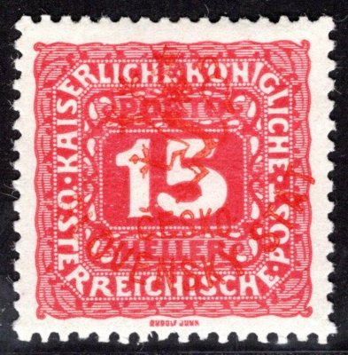 RV 79, Marešův přetisk (Hlubocké vydání), červený, doplatní malá čísla, 15h, zkoušena  Vrba
