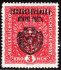 RV 38a, II. Pražský přetisk, znak, papír žilkovaný, formát široký, červená 3K, zkoušena Gilbert, Vrba