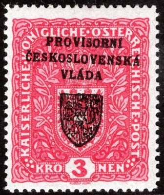 RV 17, I. Pražský přetisk, znak, formát úzký, červená 3K, zkoušena Gilbert, Vrba