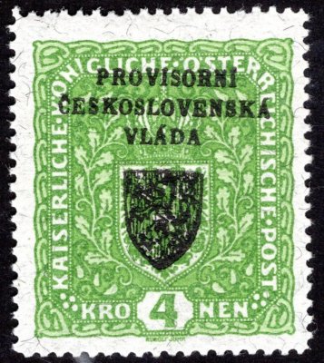 RV 18a, I. Pražský přetisk, znak, papír žilkovaný, formát široký, zelená 4K, zkoušena Gilbert, Vrba
