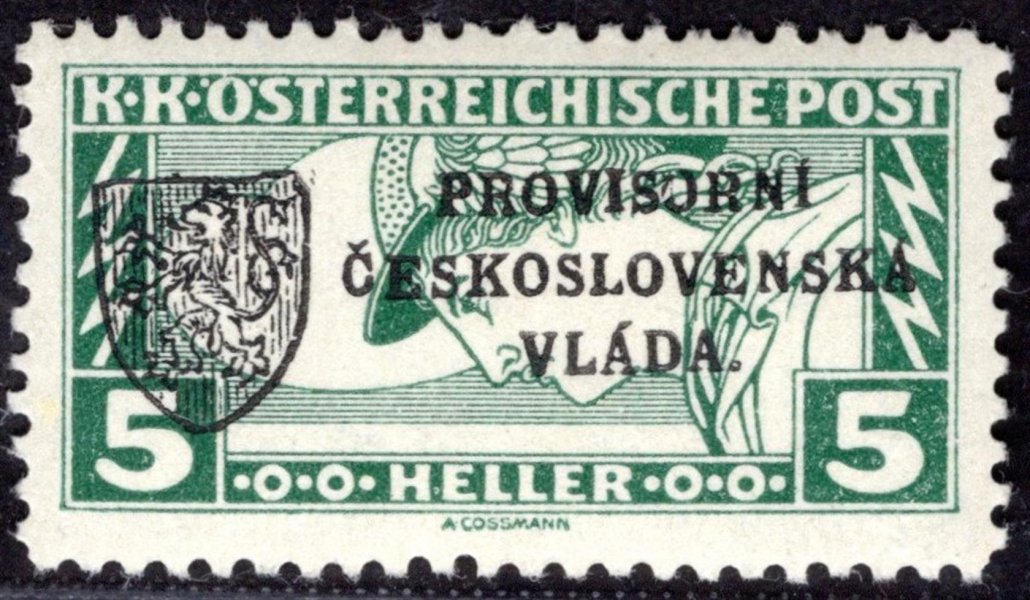 RV 21, I. Pražský přetisk, obdélník, zelená 5h, zkoušeno Gilbert, Vrba