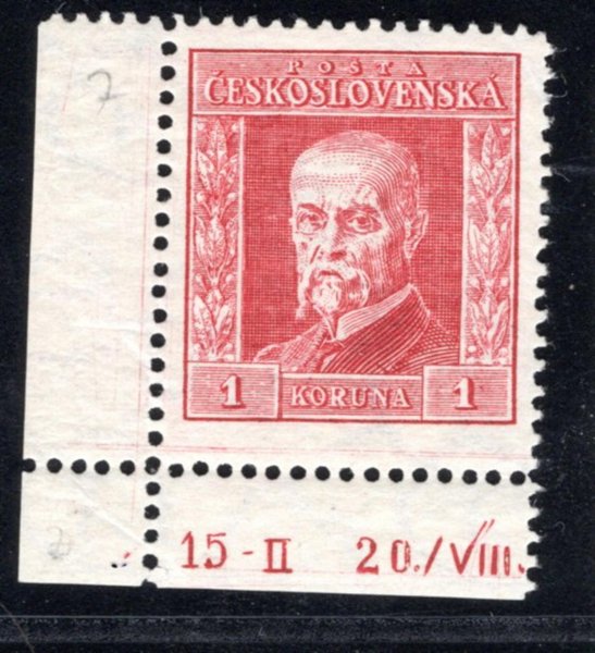 190 B, P 7, typ I, TGM, rohová s DZ 15-II 20./VIII. , červená 1Kč, zkoušena Stupka