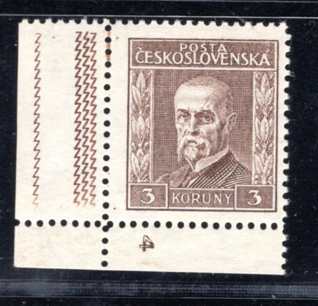 198, P 7, typ III, TGM, rohová s DZ 4, hnědá 3Kč, zkoušena Vrba, okraj s bordurou