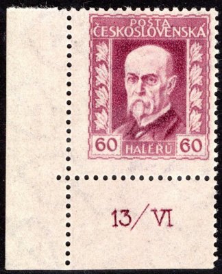 189 Ax, P 3, papír pergamenový, neotypie, TGM, hz 13 3/4:13 1/2, rohový kus s DZ 13/VI, fialová 60h, zkoušena Gilbert, velmi vzácná a hledaná známka, s deskovým číslem mimořádné