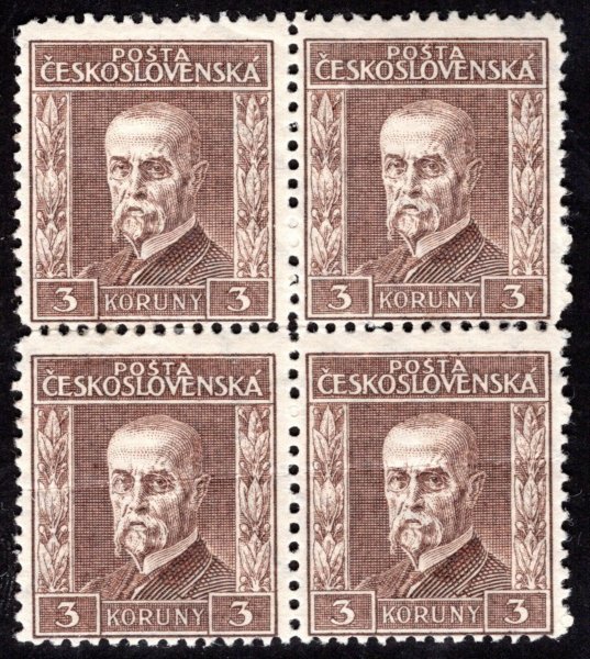 198, P 6, typ III, TGM, 4 blok, hnědá 3Kč, vrása, zkoušeno Vrba