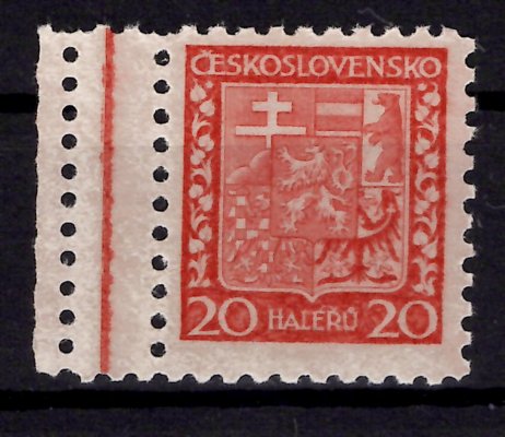 250, Státní znak, krajová s dvojitou perforací a dělící linkou, červená 20h, zajímavé