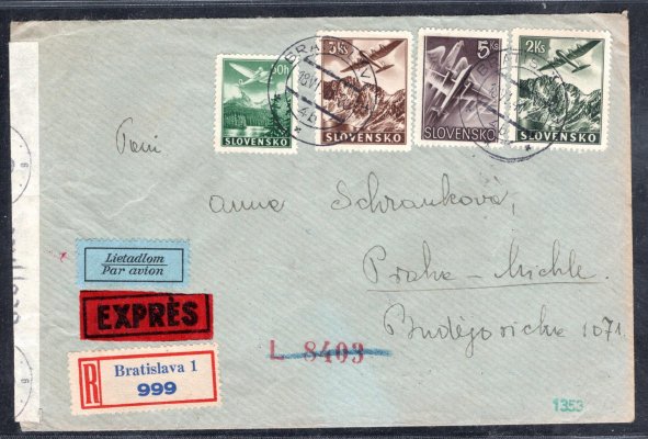 cenzurovaný, R, Ex  letecký  dopis, z Bratislavy, 18/VI/41 do Prahy, vyplacený známkami  L 2,4,5,7, příchozí razítko,  21/VI/41, hledané