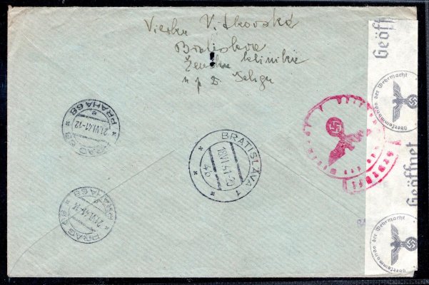 cenzurovaný, R, Ex  letecký  dopis, z Bratislavy, 18/VI/41 do Prahy, vyplacený známkami  L 2,4,5,7, příchozí razítko,  21/VI/41, hledané