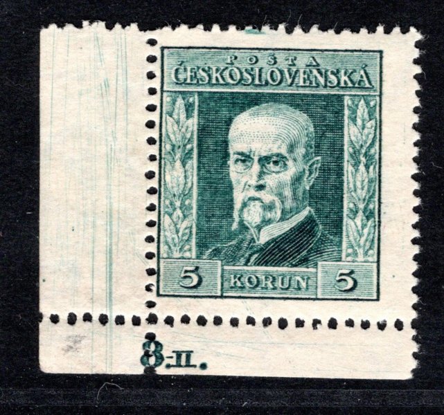 193, P 7, typ I, TGM, zelená 5 Kč , rohová s DČ 8-II. , zk. Gi