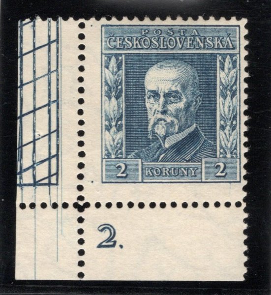 195, P 7, typ II, TGM, rohová s DČ, modrá 2 Kč, okraj s bordurou