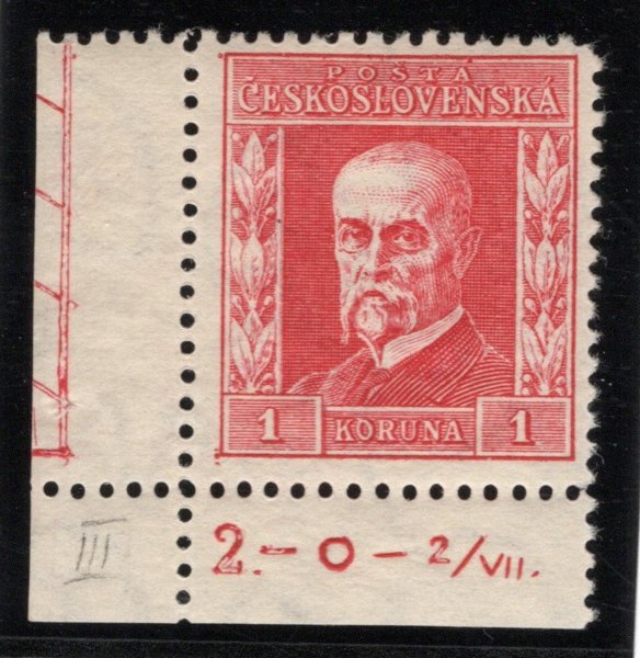 197, P 7, typ III, TGM, rohová s DČ, červená 1 Kč,  zk. Gilbert, okraj s bordurou