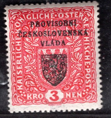 RV 17a,  I. Pražský přetisk, papír žilkovaný, znak, červená 3 K, , zk. Lešetický, Gilbert