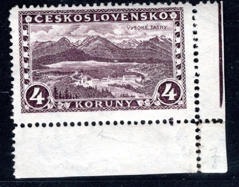 227, P 7, Praha, Tatry, rohová s DČ 1, fialová 4 Kč, okraj s bordurou