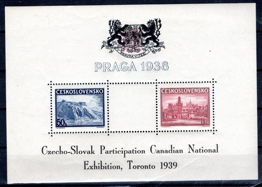 AS6N, přítisk na aršíku A 342/3 Praga, TORONTO 1939, znak černý, text černý, vzácné