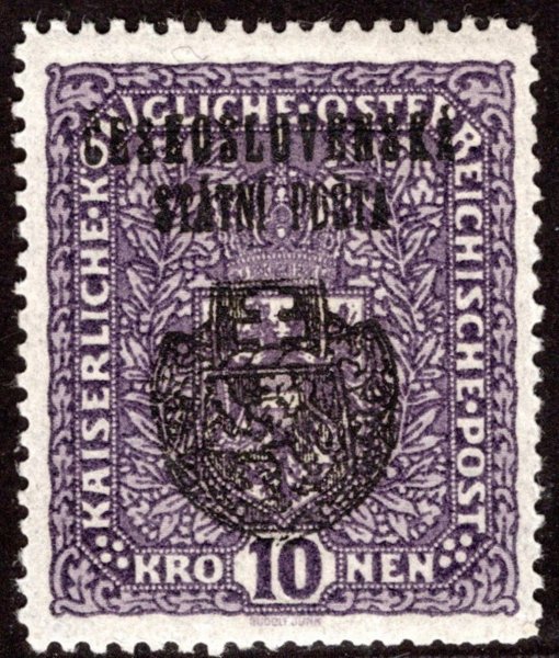 RV 40 ay, II. Pražský přetisk, znak, tmavě fialová 10K, nejasný tisk, zkoušena Lešetický, Vrba