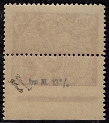 175 A typ III, HaV, krajová s typografickou linkou dole, ,posun spodní perforace nahoru, řz 13 3/4, fialová 300h, zkoušeno Gilbert, Karásek, dekorativní