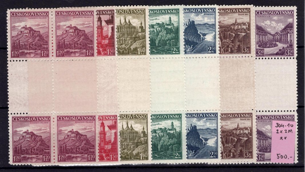 304 - 10 Ms páry, krajiny, hrady města, trhané meziarší, kompletní