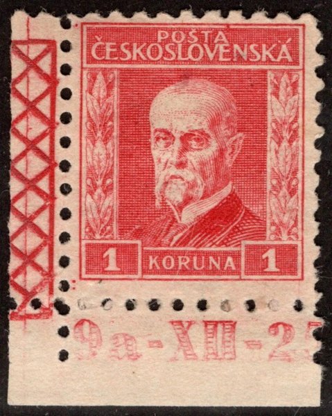 200, typ V, P7 - 1 Kč Masaryk rohový kus s Dč 9a-XII-25, zkoušeno Vrba 